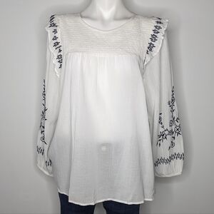 NWOT Loft White Blue Embroidered Cotton Blend Long Sleeve Blouse XL